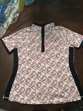 Talbots UV golf shirt.  Short-Sleeve Zip-Front Active Top - Pink/Black Pattern